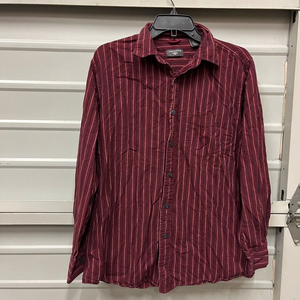 Dockers Mens Burgundy Striped Button Down Shirt Long Sleeve Casual Size M